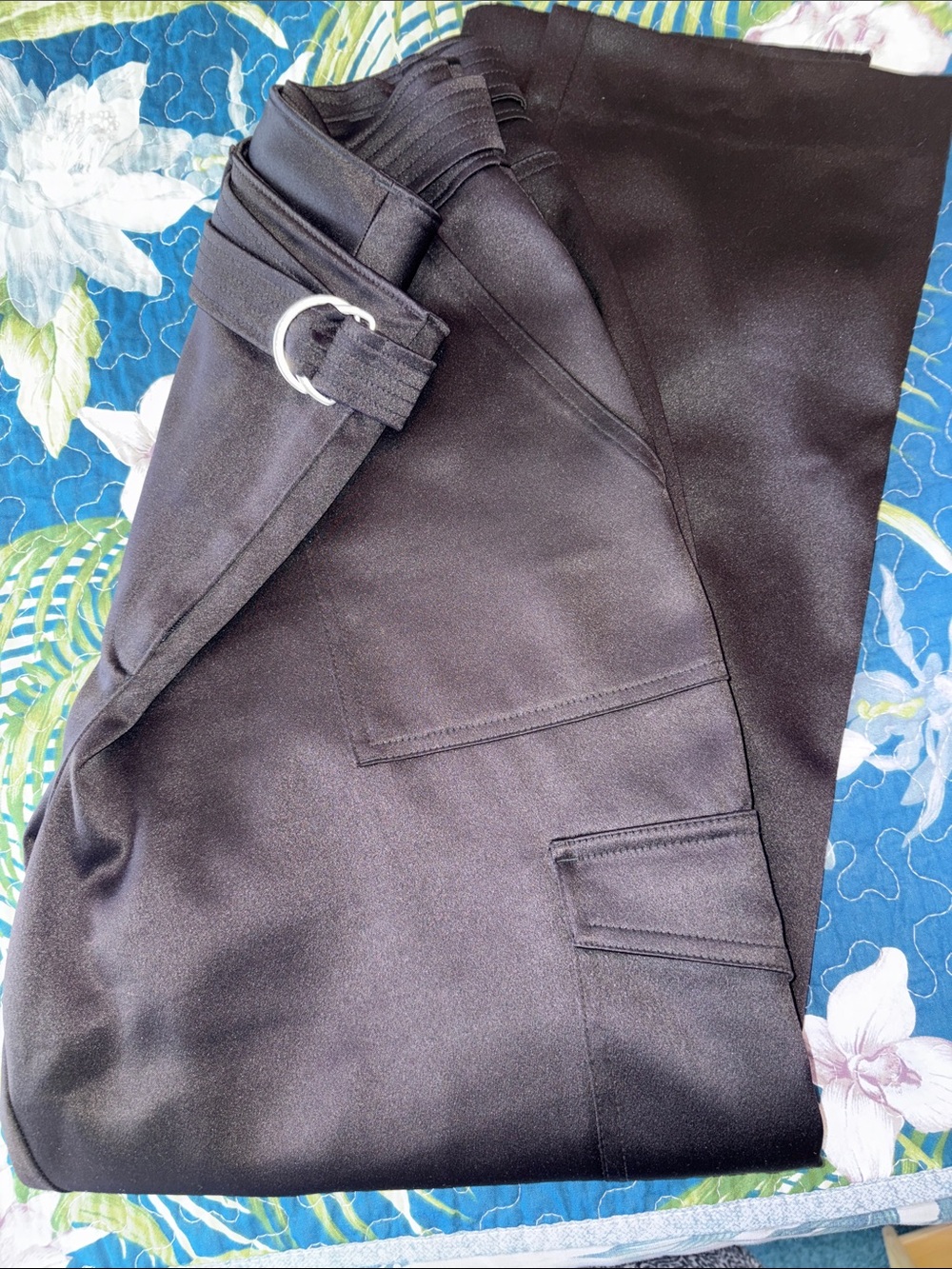 Chico's Black Satin High-Waist Pants with Silver D-Ring
